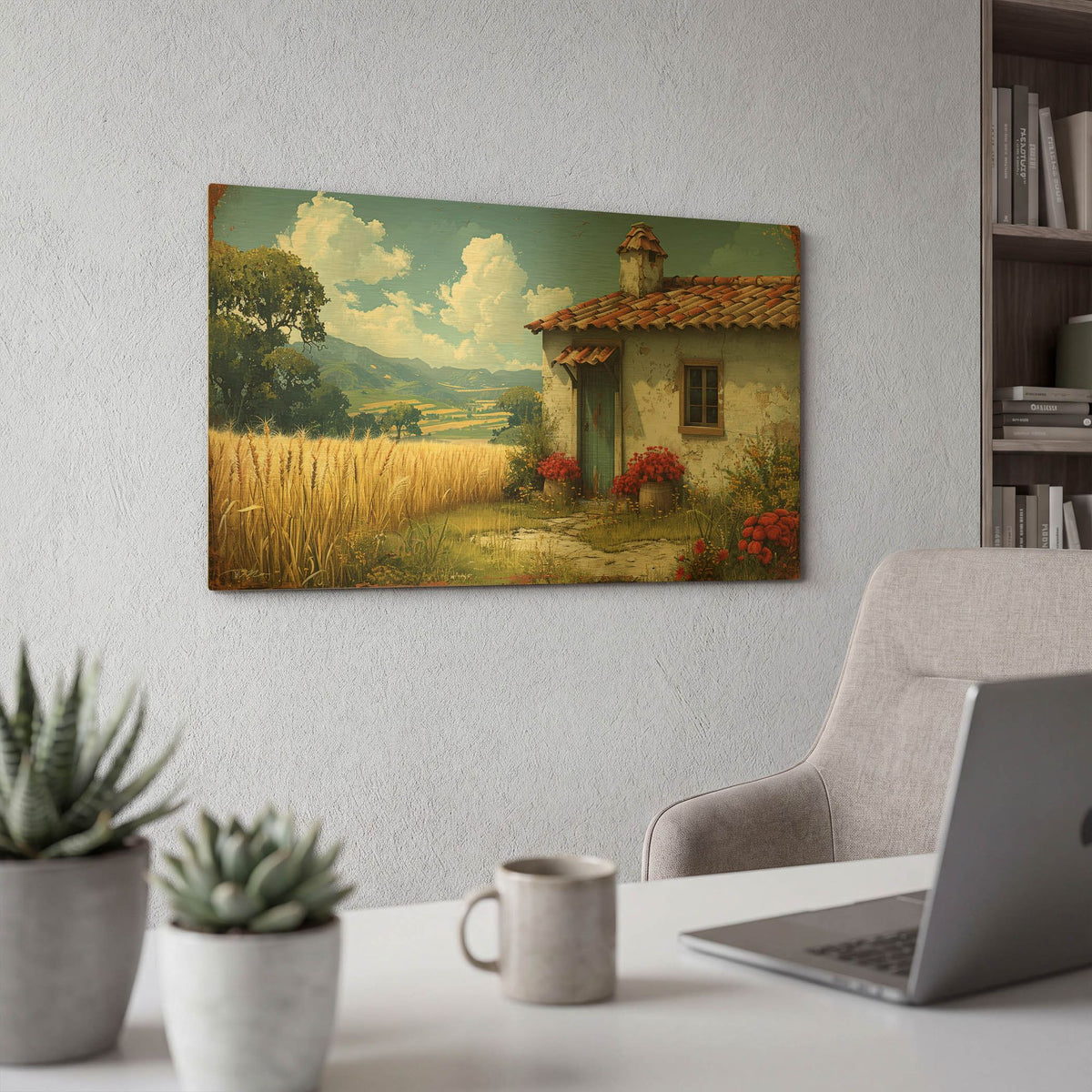 'The White House With The Blue Door' By Momart Gold Metal Wall Art