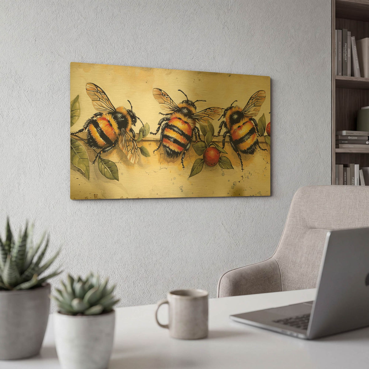 'Three Bees On The Wall' By Momart Gold Metal Wall Art