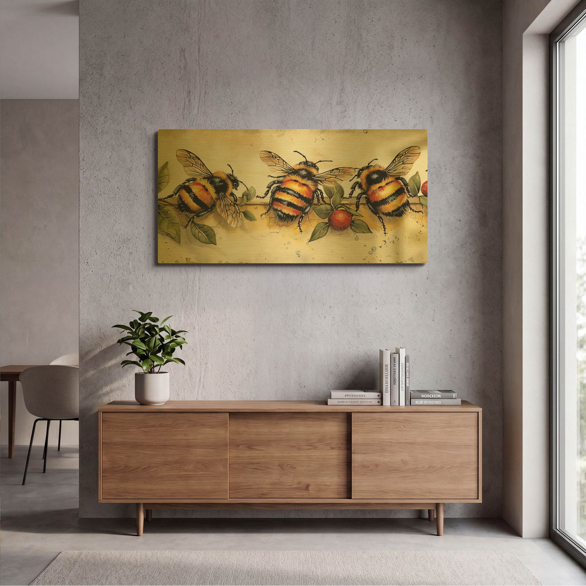 'Three Bees On The Wall' By Momart Gold Metal Wall Art