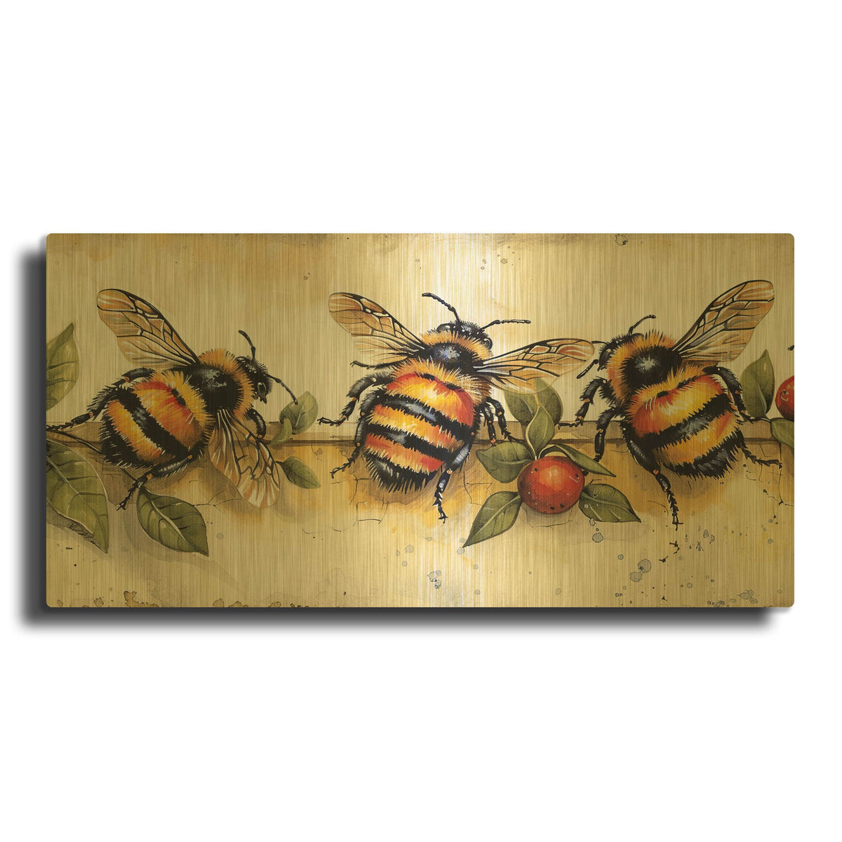 'Three Bees On The Wall' By Momart Gold Metal Wall Art