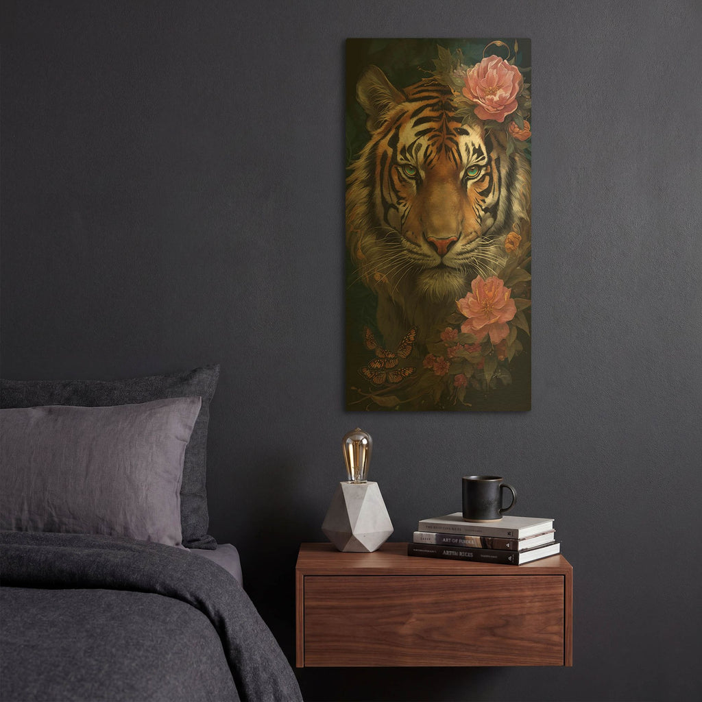 'Tiger And Flowers 2' By Momart Gold Metal Wall Art