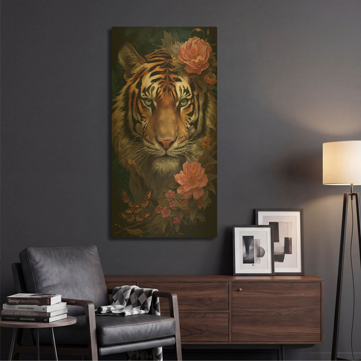 'Tiger And Flowers 2' By Momart Gold Metal Wall Art