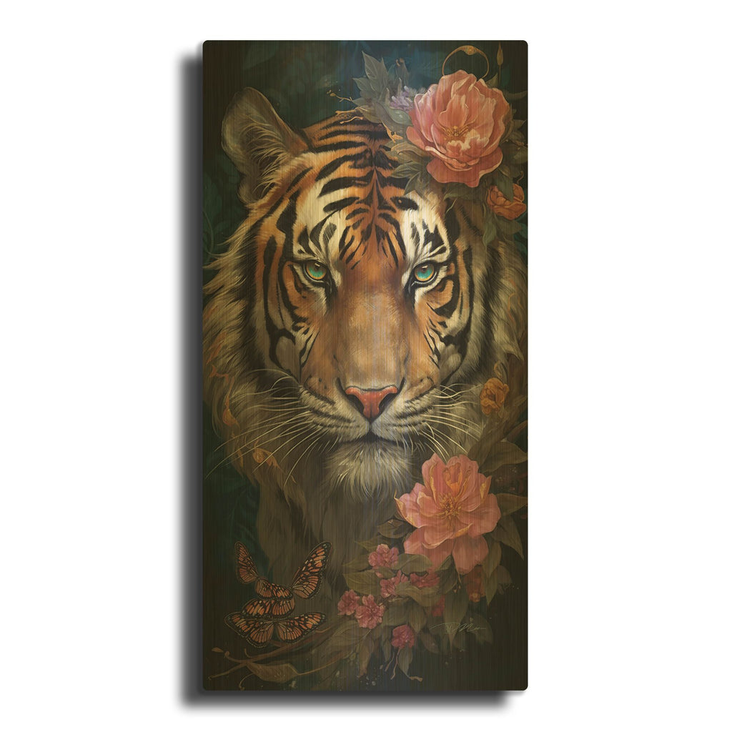 'Tiger And Flowers 2' By Momart Gold Metal Wall Art