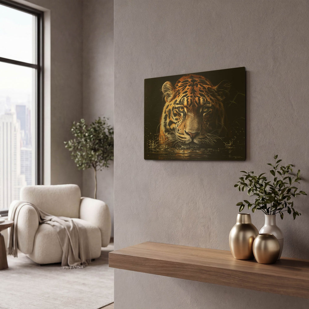 'Tiger In The Water Lurking' By Momart Gold Metal Wall Art