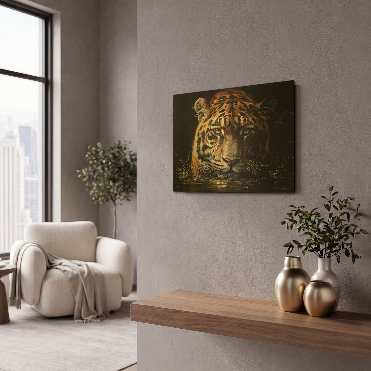 'Tiger In The Water Lurking' By Momart Gold Metal Wall Art