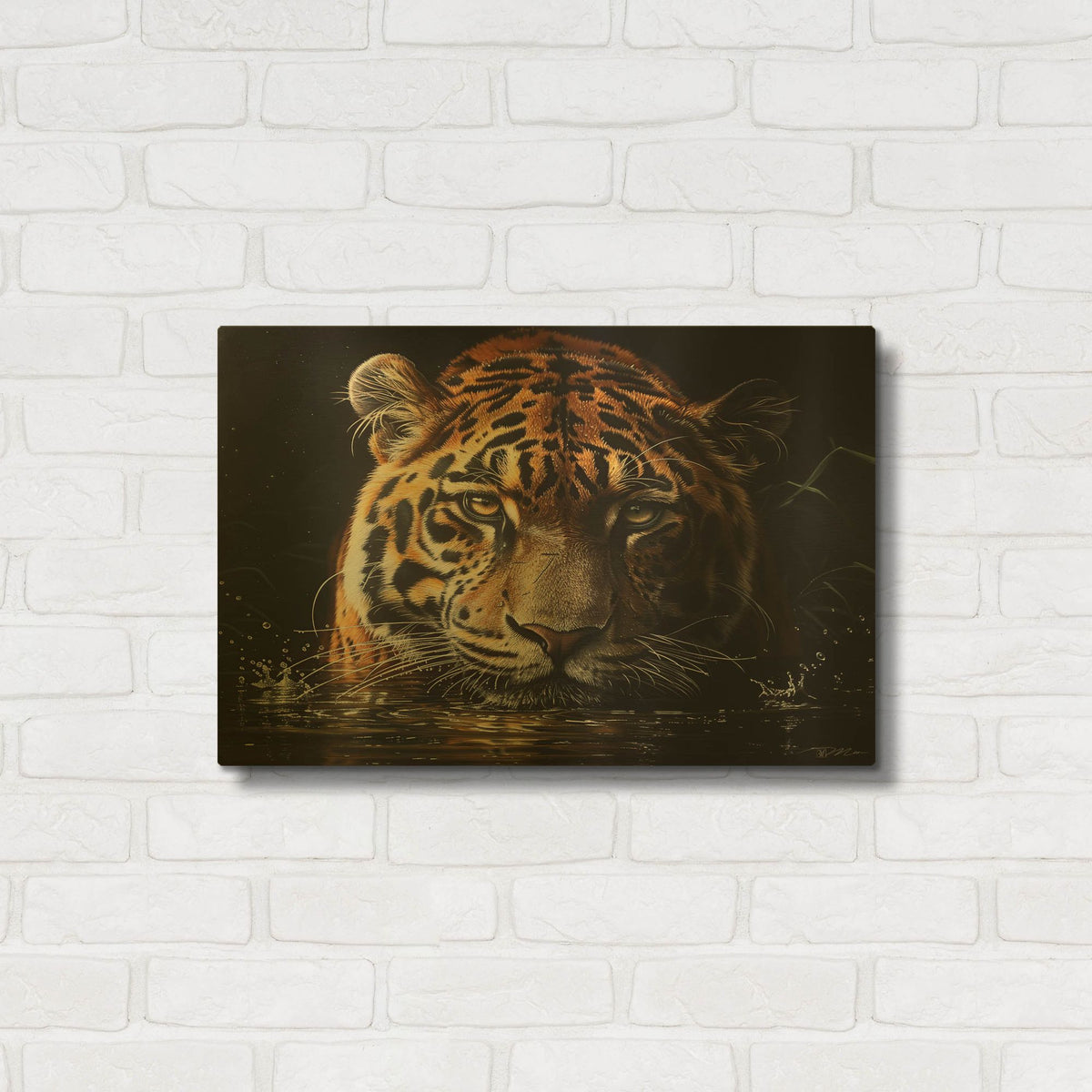 'Tiger In The Water Lurking' By Momart Gold Metal Wall Art