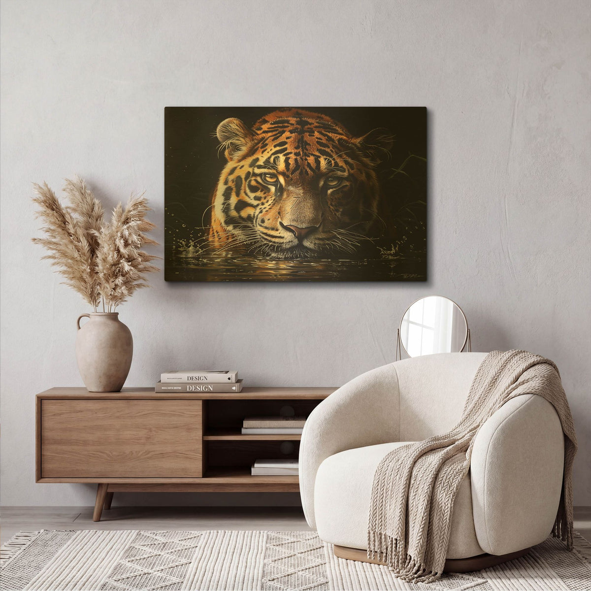 'Tiger In The Water Lurking' By Momart Gold Metal Wall Art