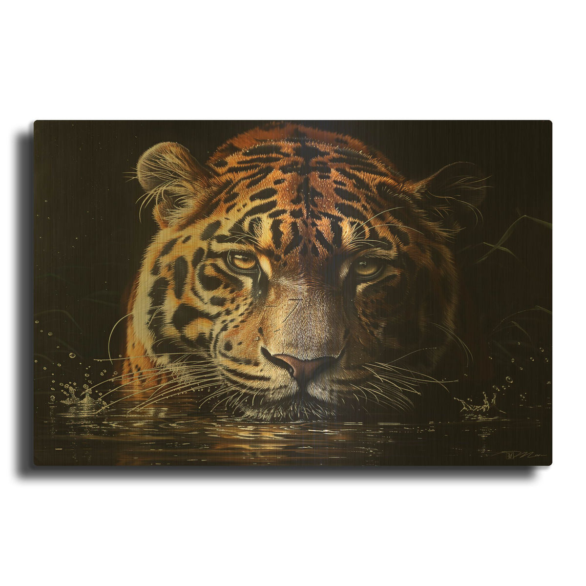'Tiger In The Water Lurking' By Momart Gold Metal Wall Art