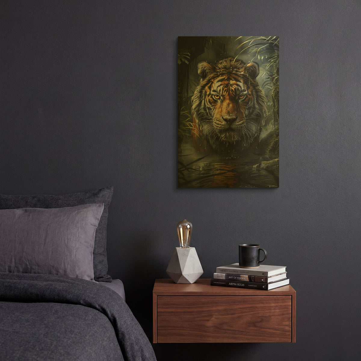 'Tiger In The Water' By Momart Gold Metal Wall Art