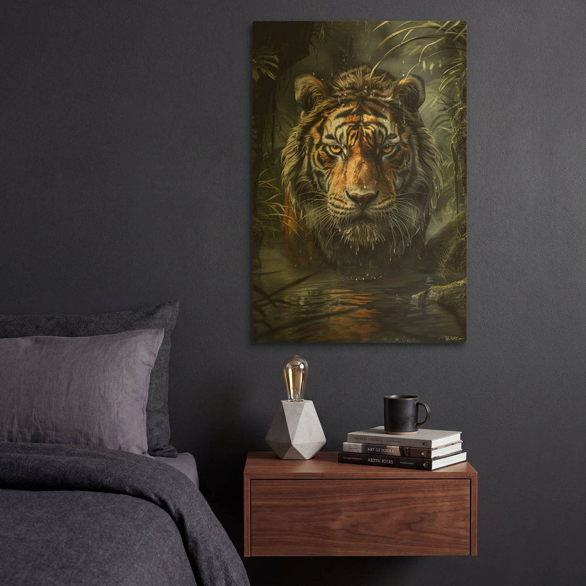 'Tiger In The Water' By Momart Gold Metal Wall Art