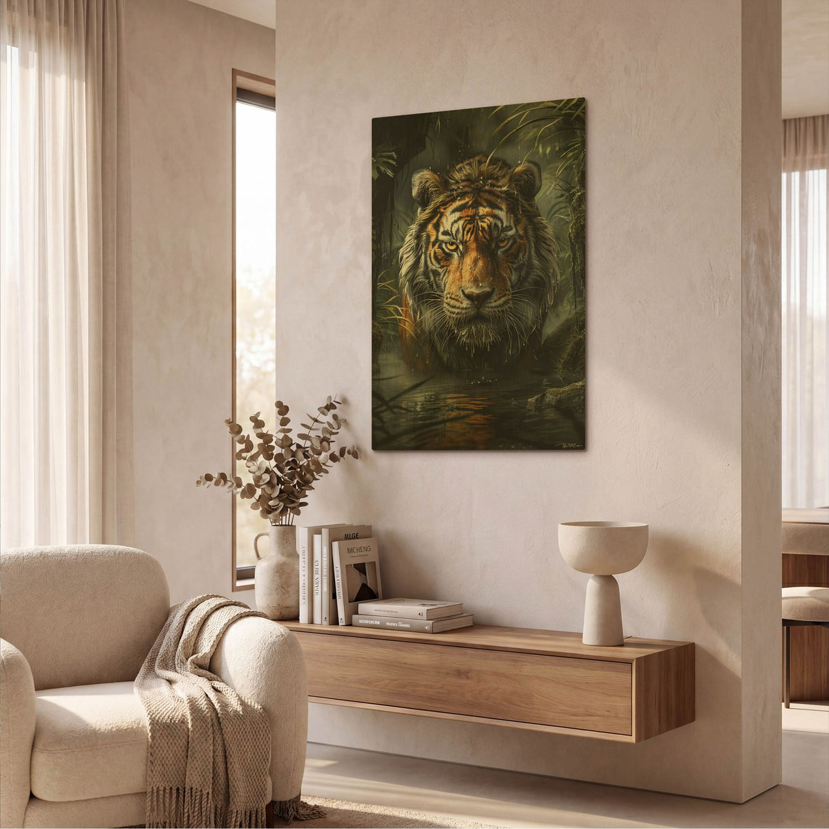 'Tiger In The Water' By Momart Gold Metal Wall Art