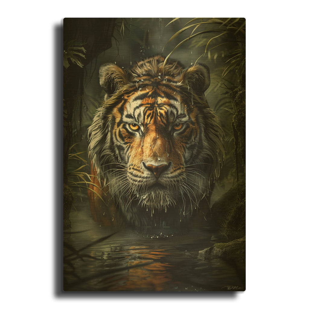 'Tiger In The Water' By Momart Gold Metal Wall Art