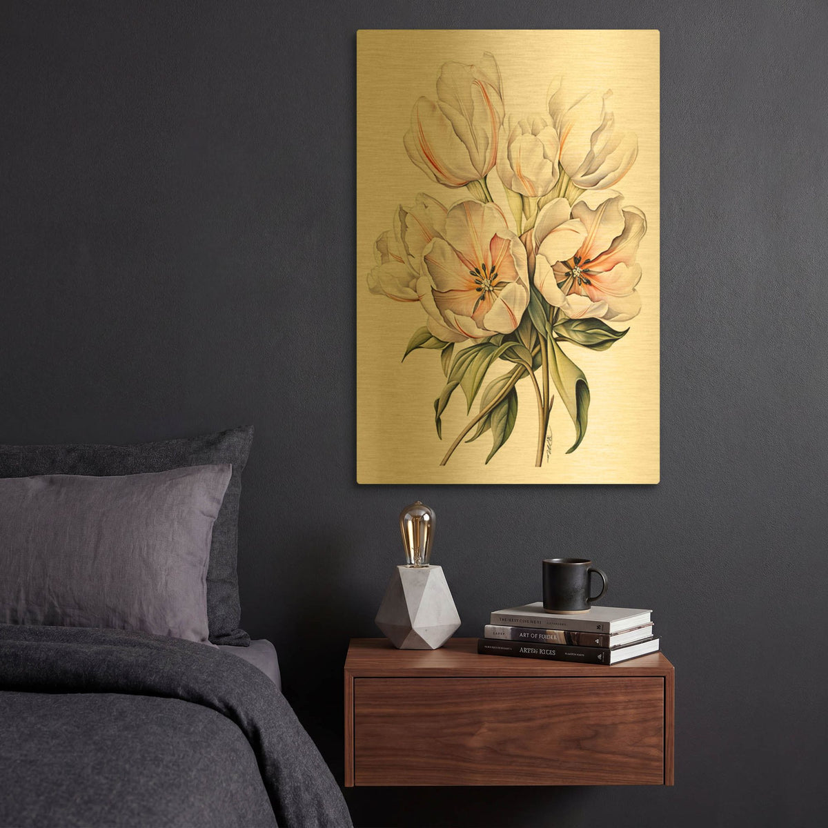 'Tulips Drawing In Pencil' By Momart Gold Metal Wall Art