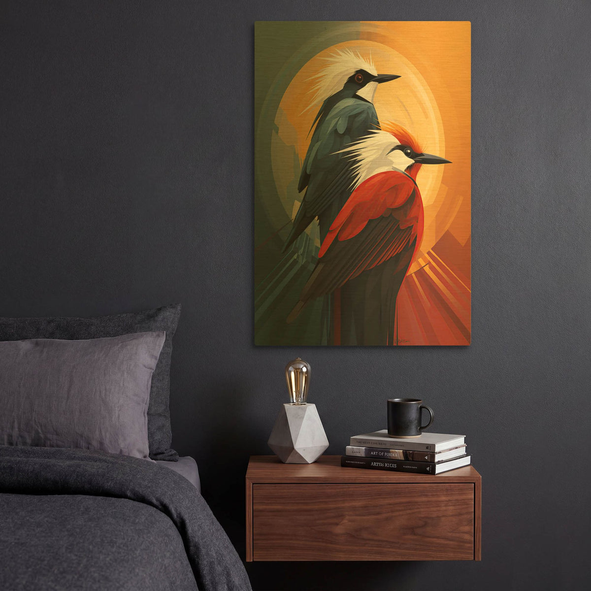 'Two Red And Blue Birds' By Momart Gold Metal Wall Art