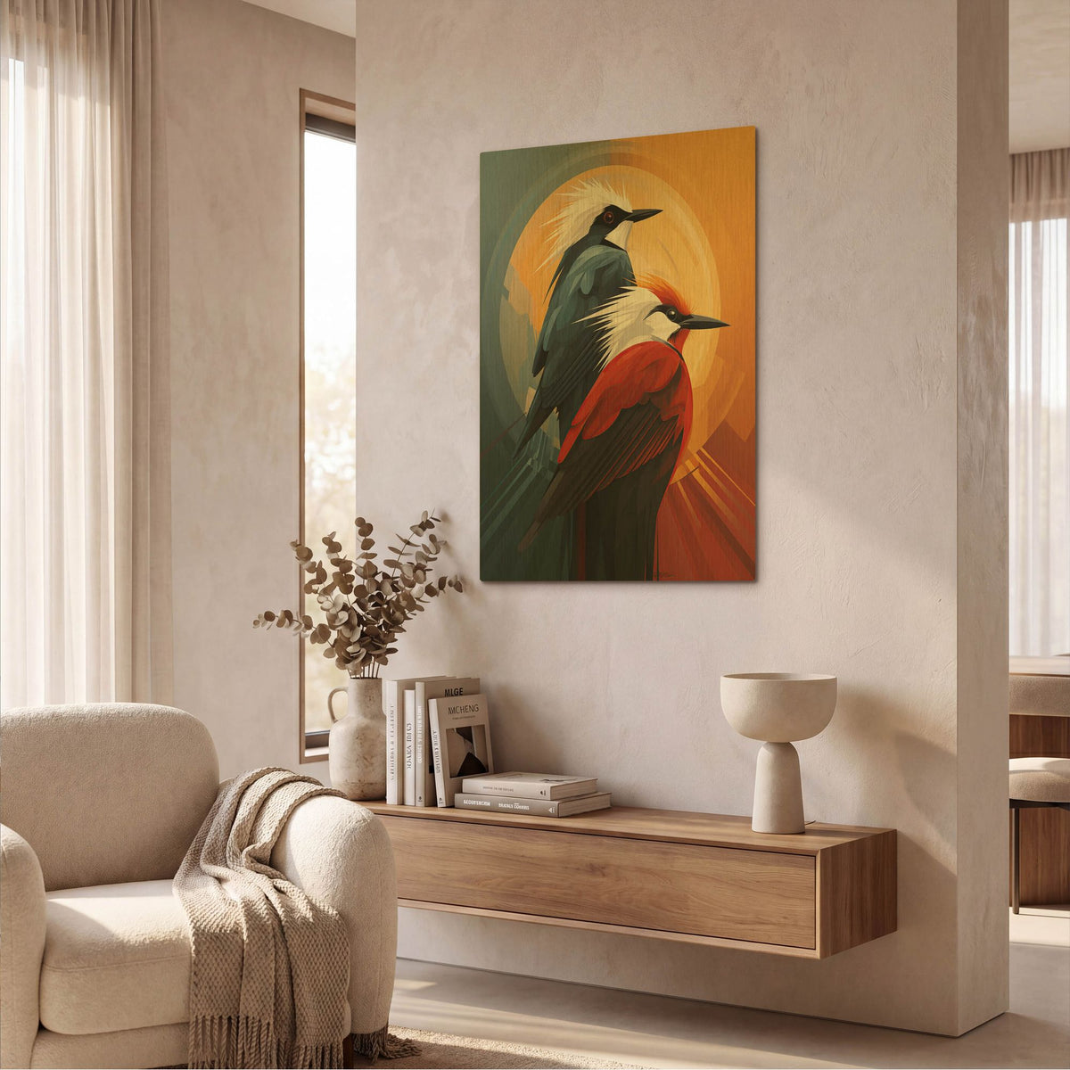 'Two Red And Blue Birds' By Momart Gold Metal Wall Art