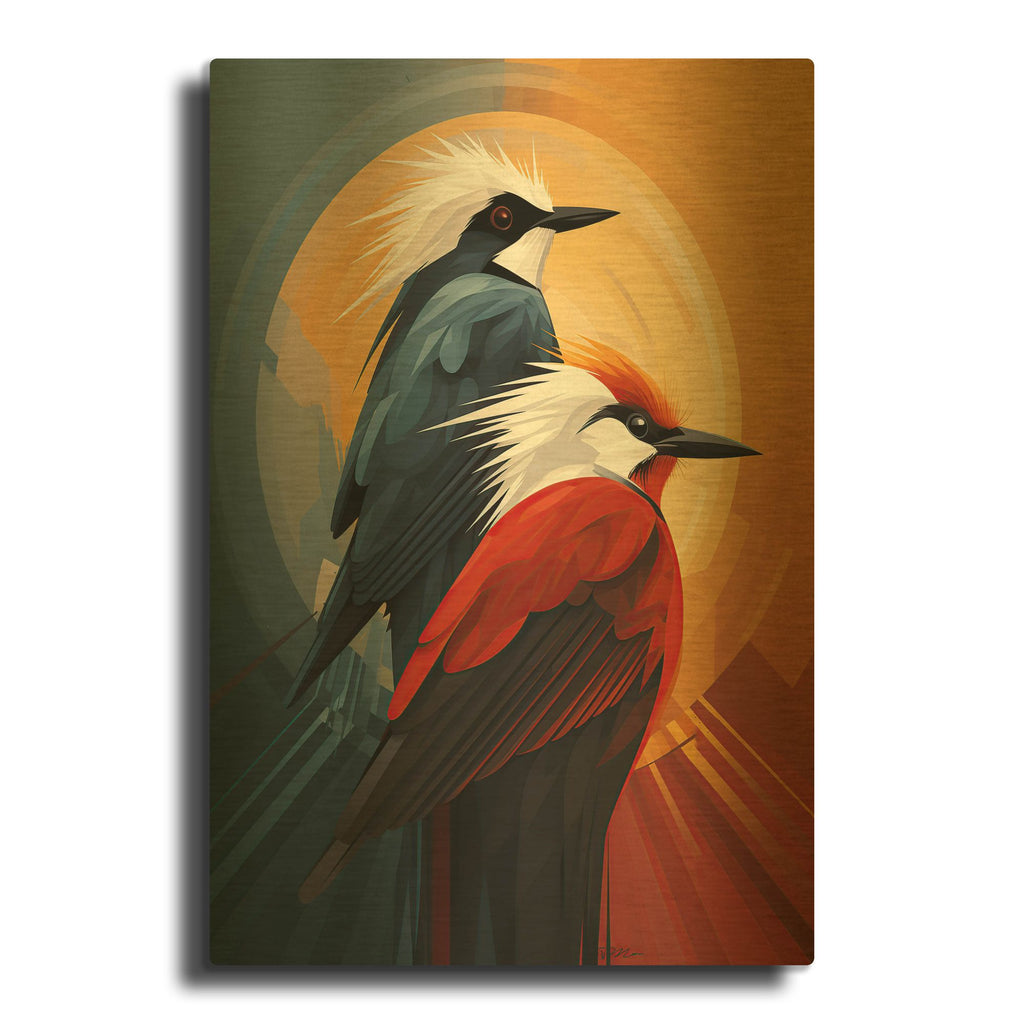 'Two Red And Blue Birds' By Momart Gold Metal Wall Art