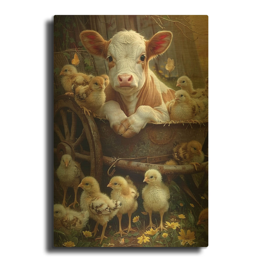 'Veal With The Chicks 1' By Momart Gold Metal Wall Art