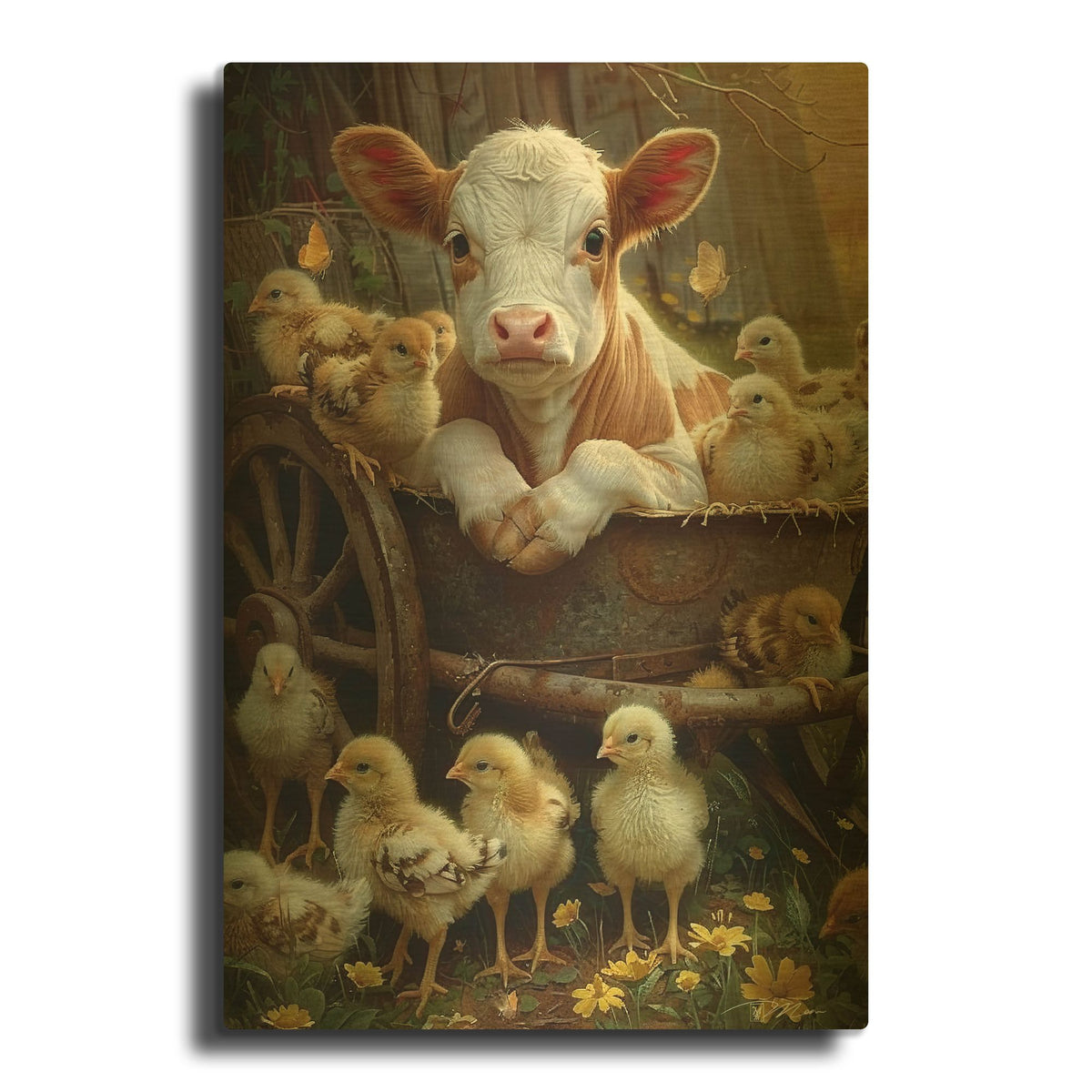 'Veal With The Chicks 1' By Momart Gold Metal Wall Art