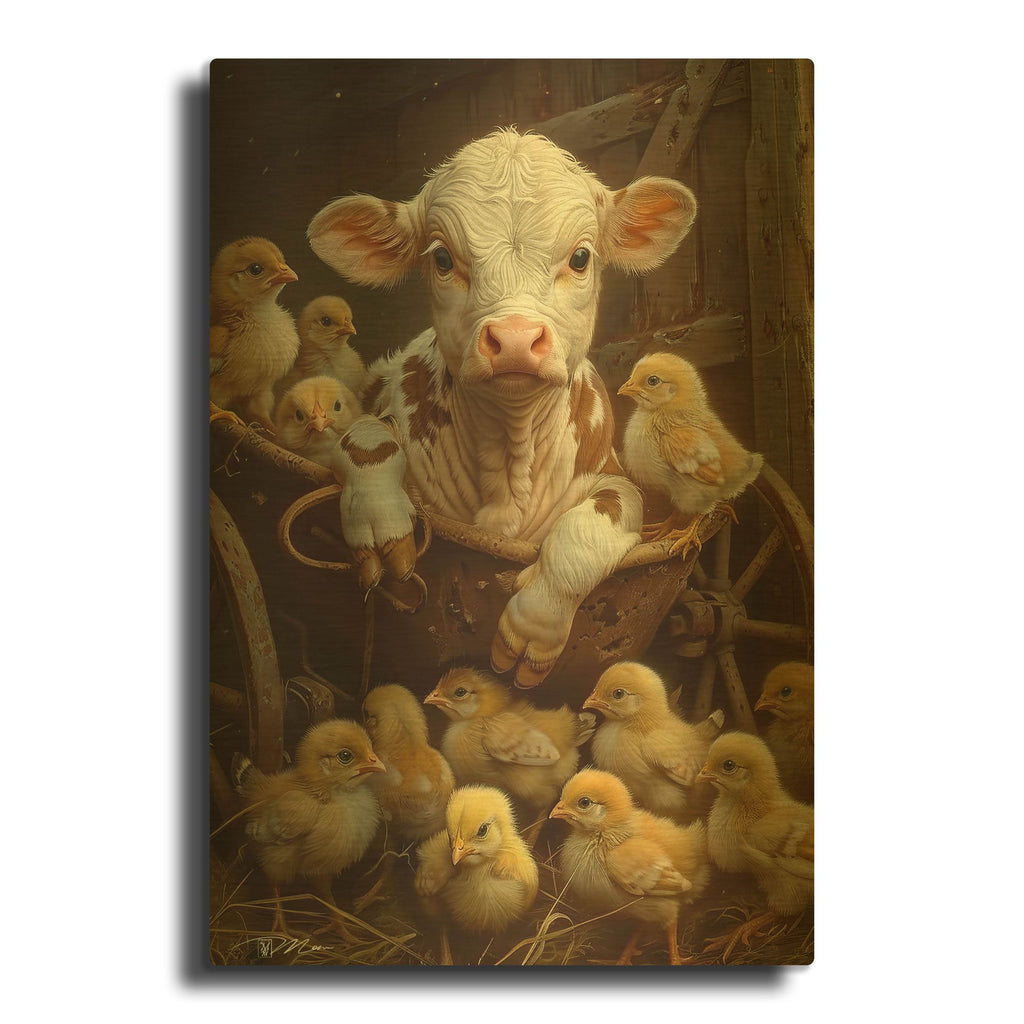 'Veal With The Chicks 2' By Momart Gold Metal Wall Art