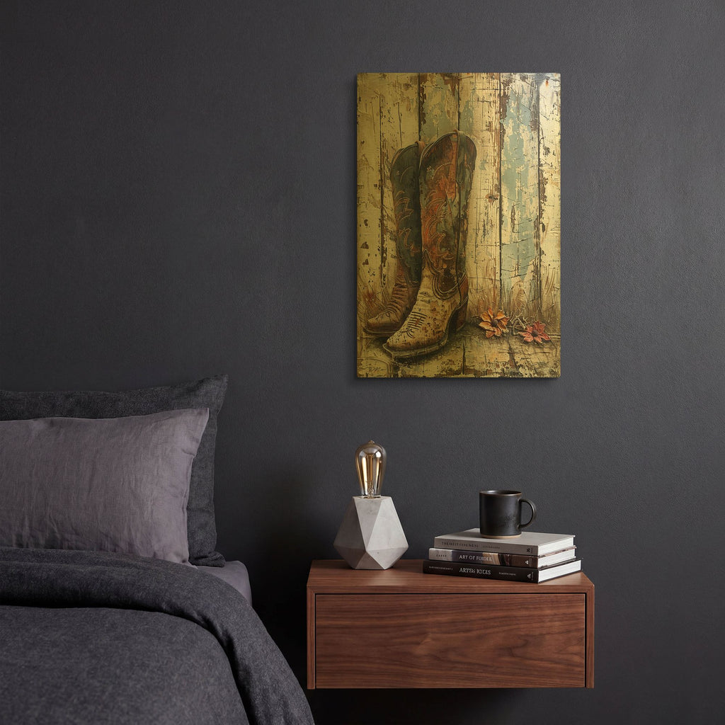 'Vintage Boots 1' By Momart Gold Metal Wall Art