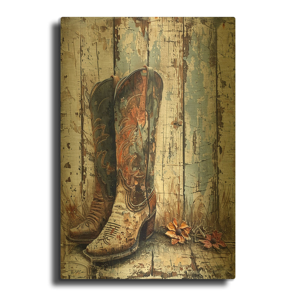 'Vintage Boots 1' By Momart Gold Metal Wall Art