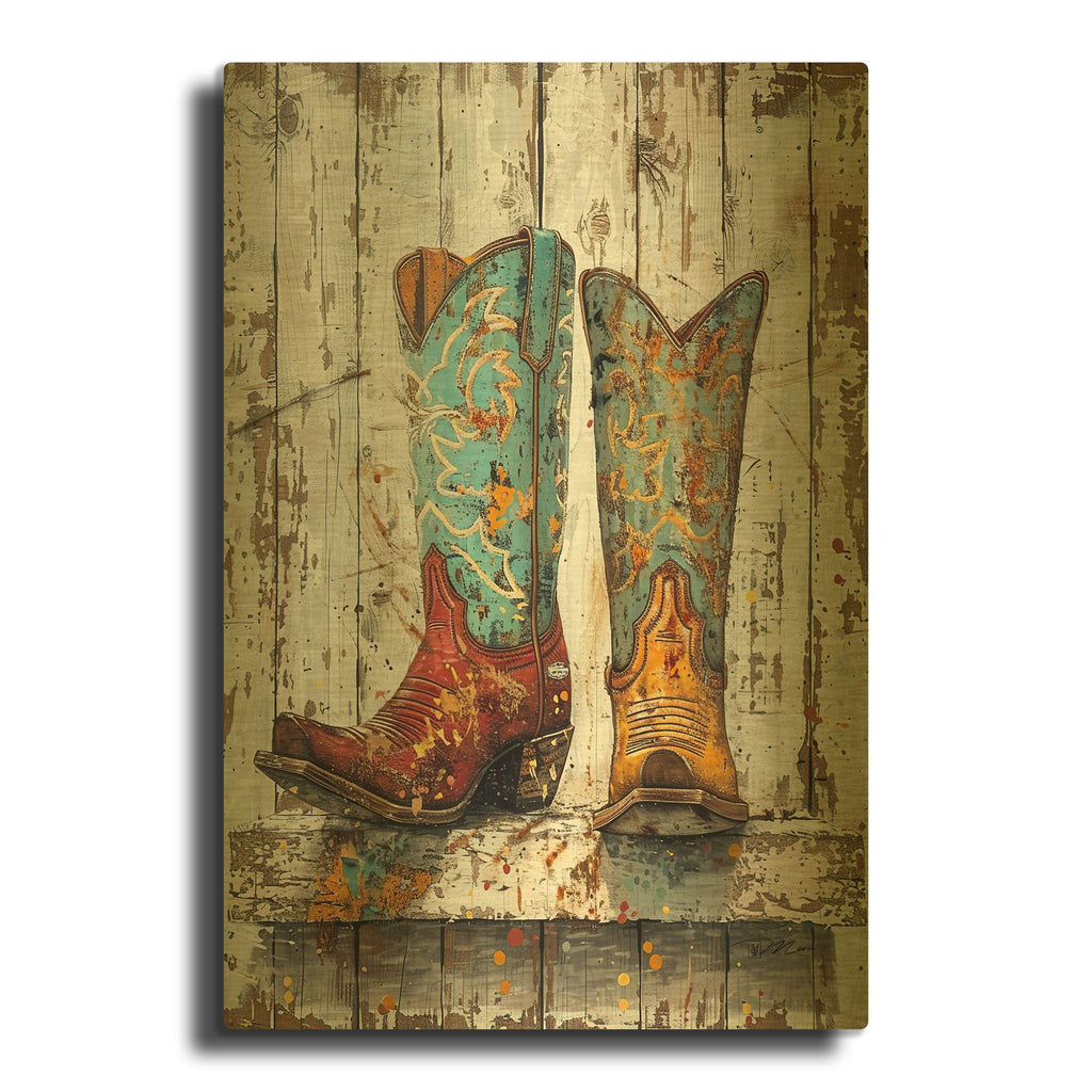 'Vintage Boots 2' By Momart Gold Metal Wall Art