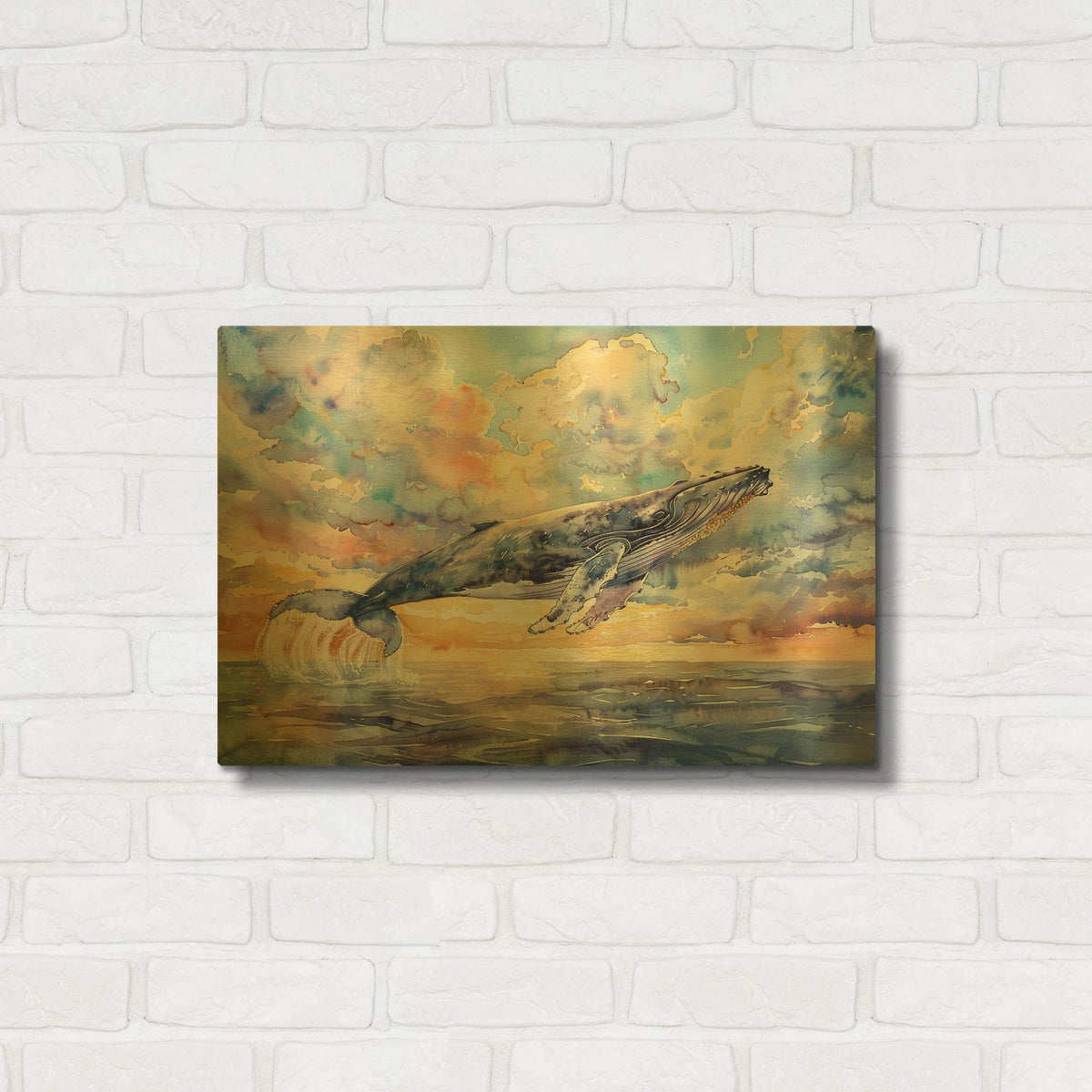 'Whale Coming Out Of The Water' By Momart Gold Metal Wall Art