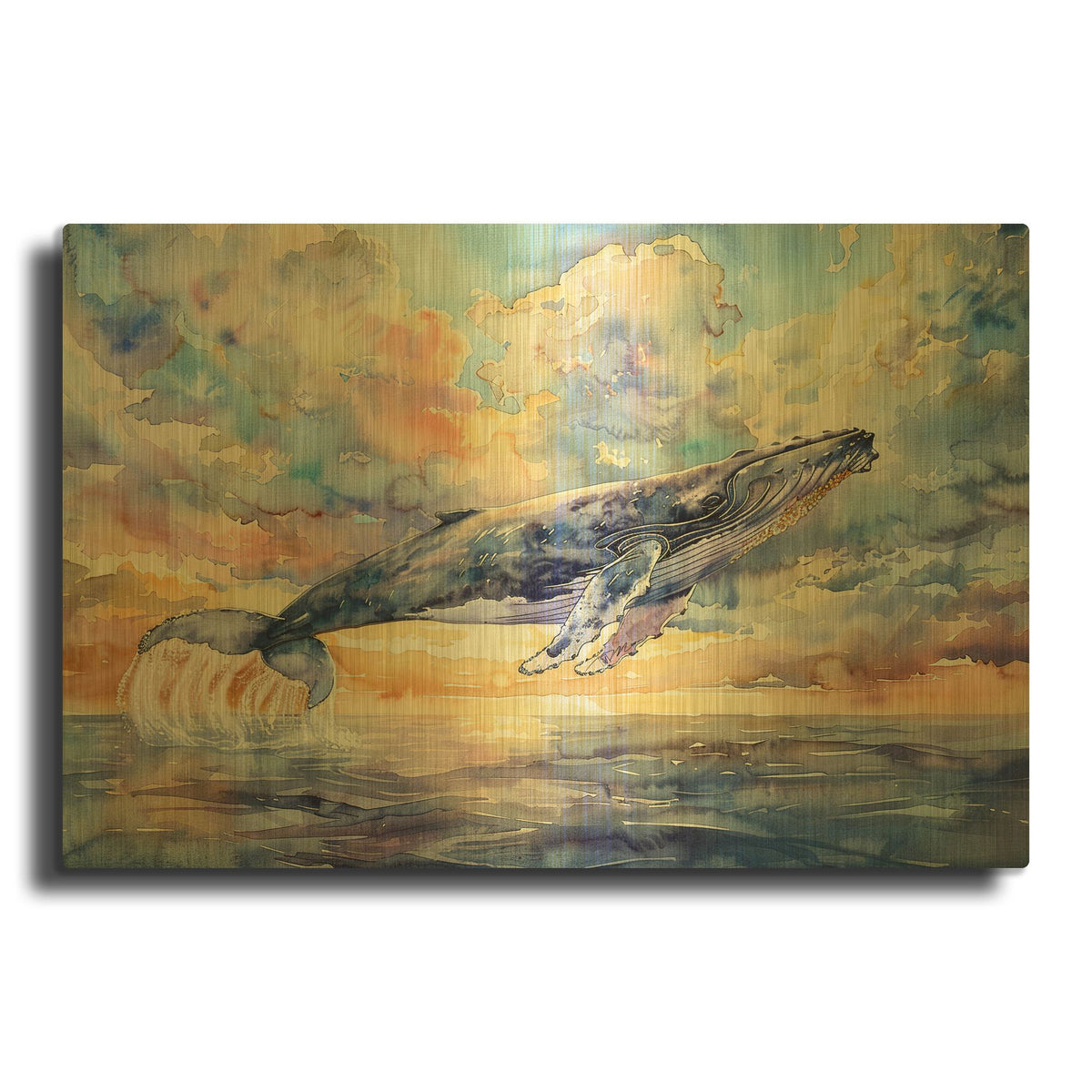 'Whale Coming Out Of The Water' By Momart Gold Metal Wall Art