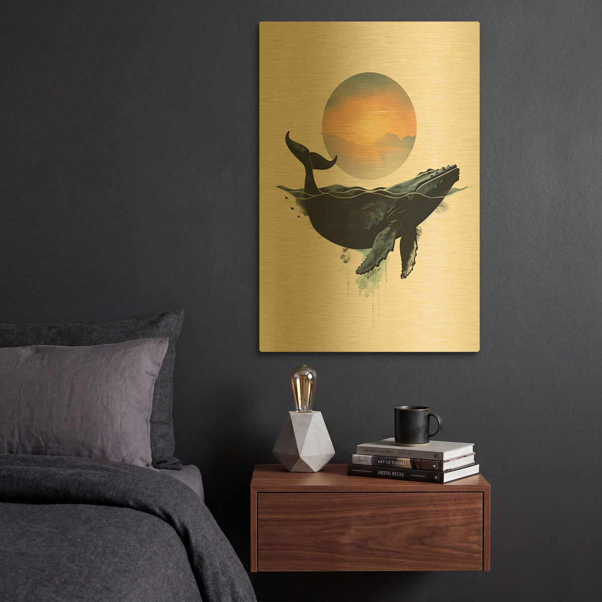 'Whale Design Minimalist White Background' By Momart Gold Metal Wall Art