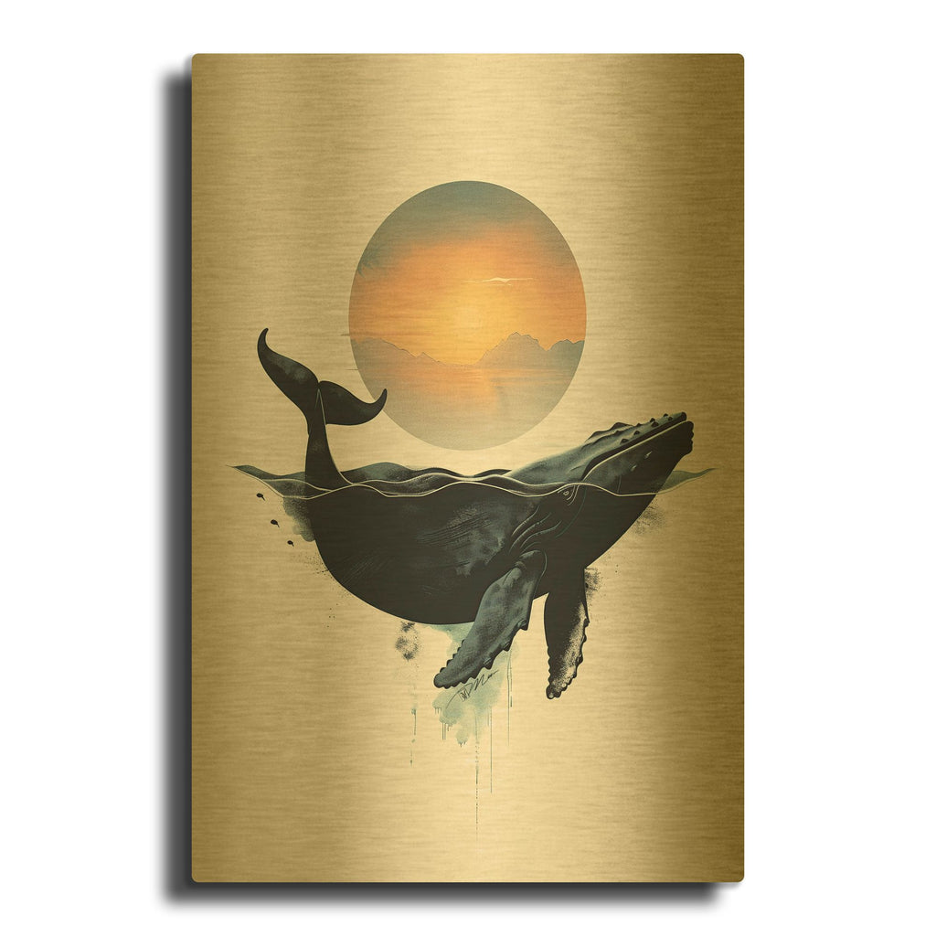 'Whale Design Minimalist White Background' By Momart Gold Metal Wall Art