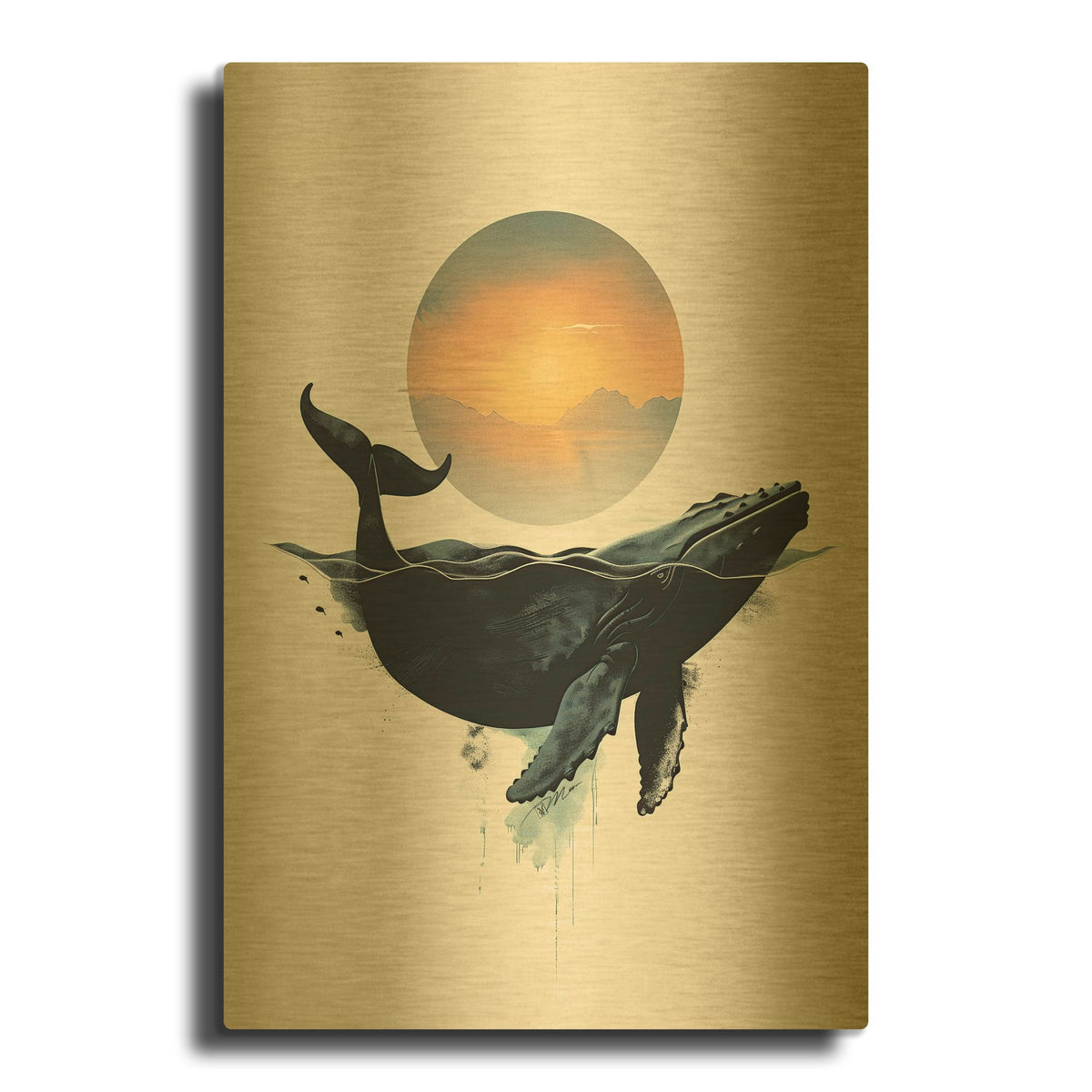 'Whale Design Minimalist White Background' By Momart Gold Metal Wall Art