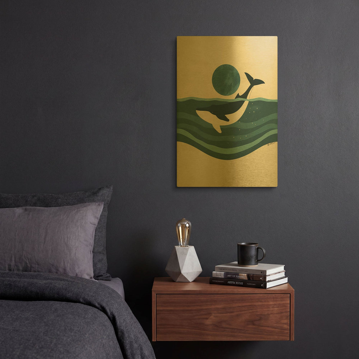 'White And Green Minimalist Whale Design' By Momart Gold Metal Wall Art
