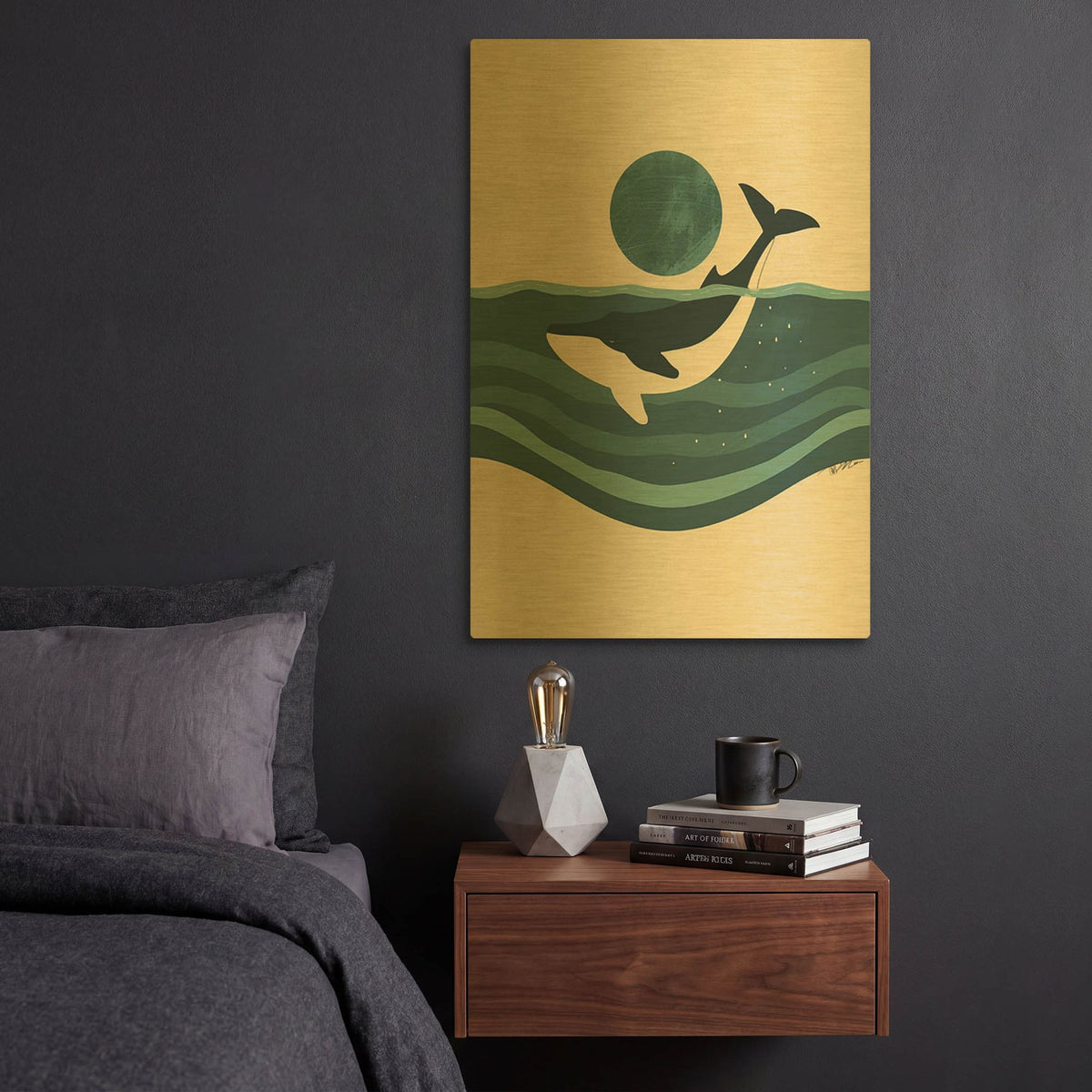 'White And Green Minimalist Whale Design' By Momart Gold Metal Wall Art
