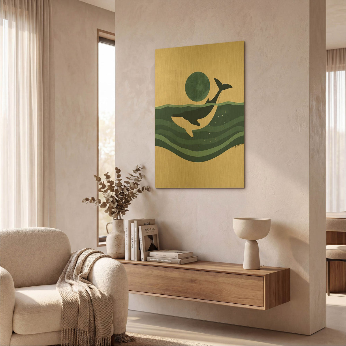 'White And Green Minimalist Whale Design' By Momart Gold Metal Wall Art