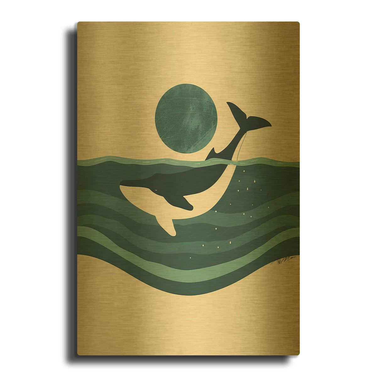 'White And Green Minimalist Whale Design' By Momart Gold Metal Wall Art