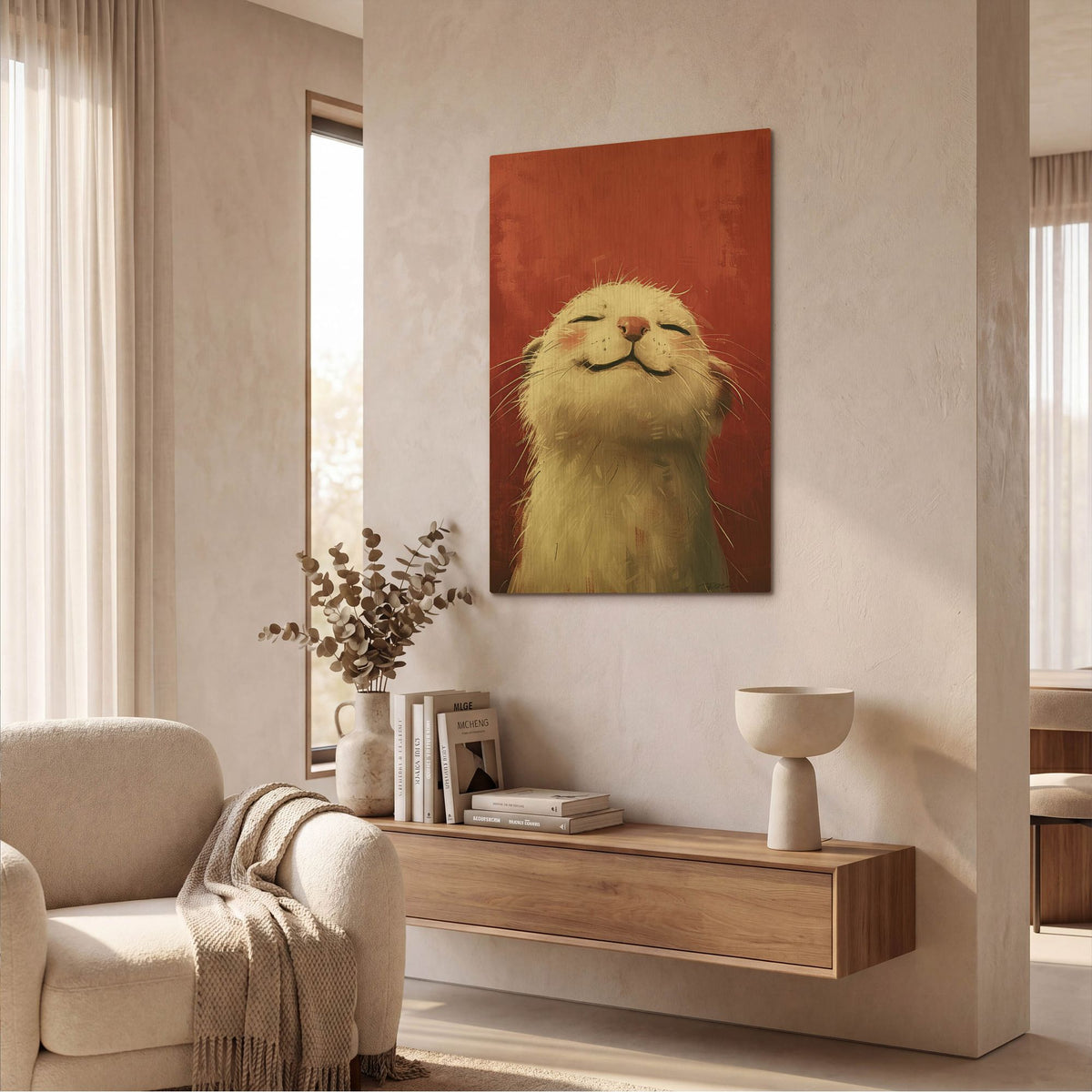 'White And Red Otter' By Momart Gold Metal Wall Art