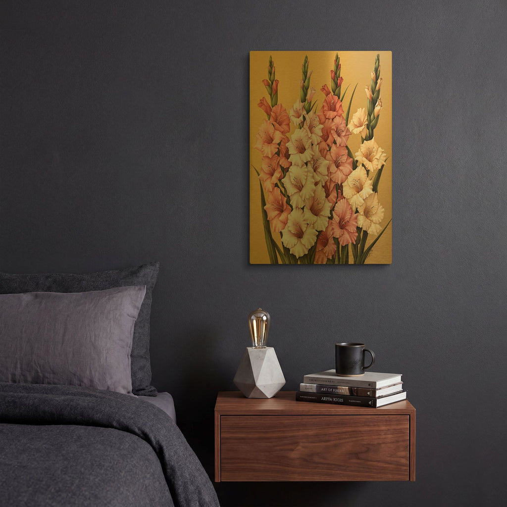 'White And Yellow Pink Gladioli' By Momart Gold Metal Wall Art