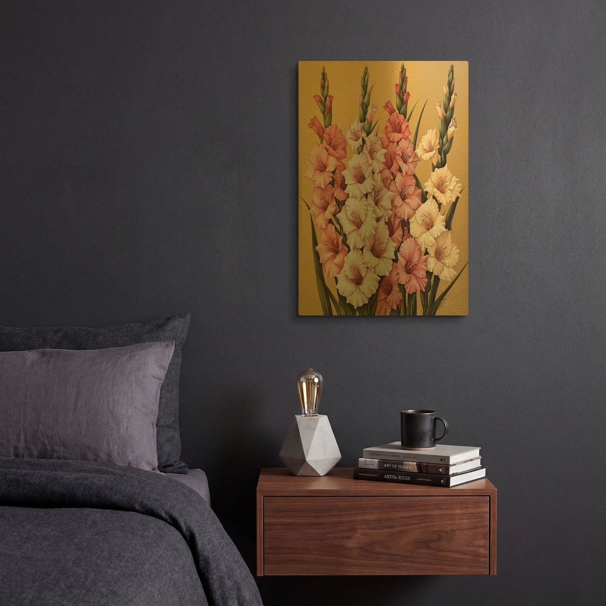 'White And Yellow Pink Gladioli' By Momart Gold Metal Wall Art