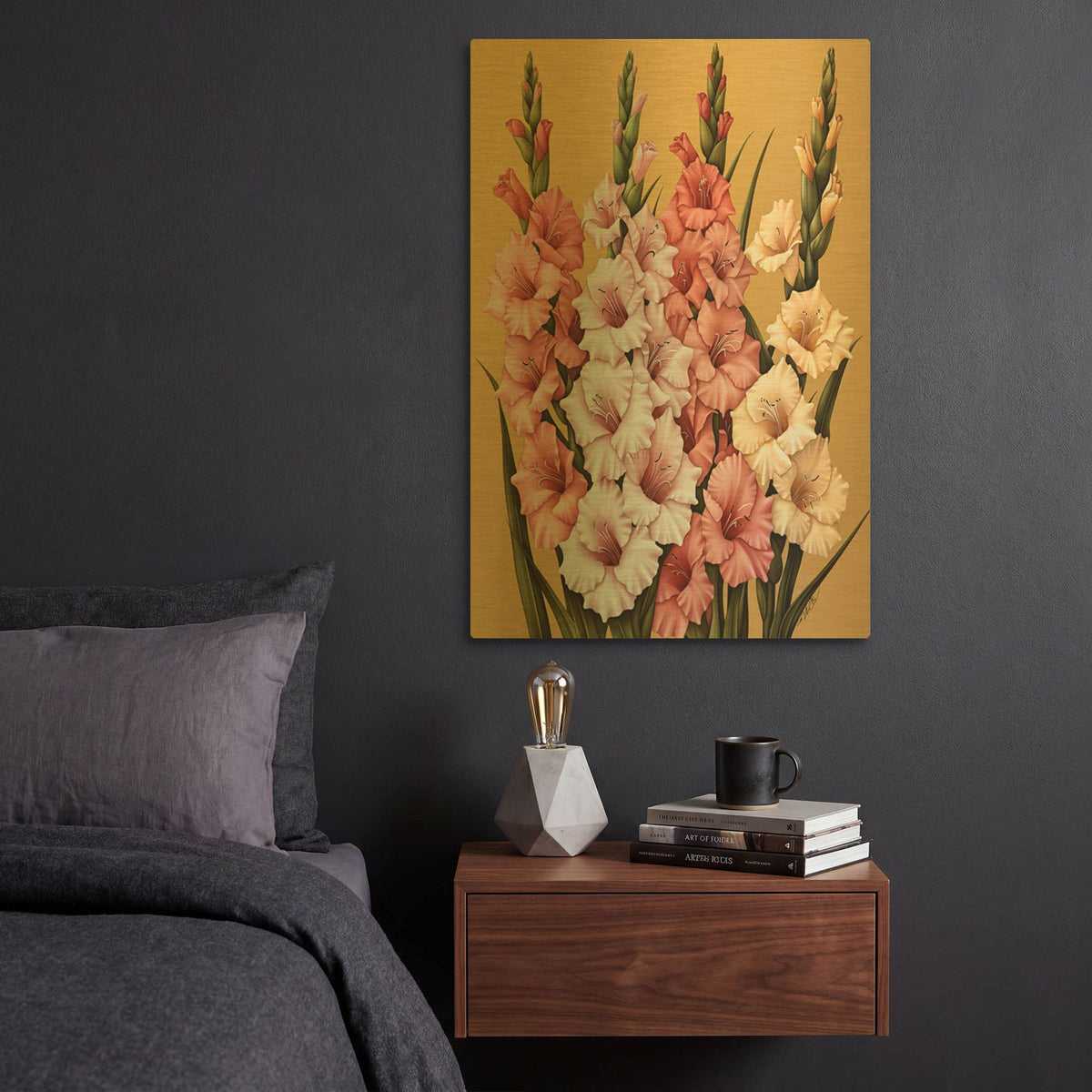 'White And Yellow Pink Gladioli' By Momart Gold Metal Wall Art
