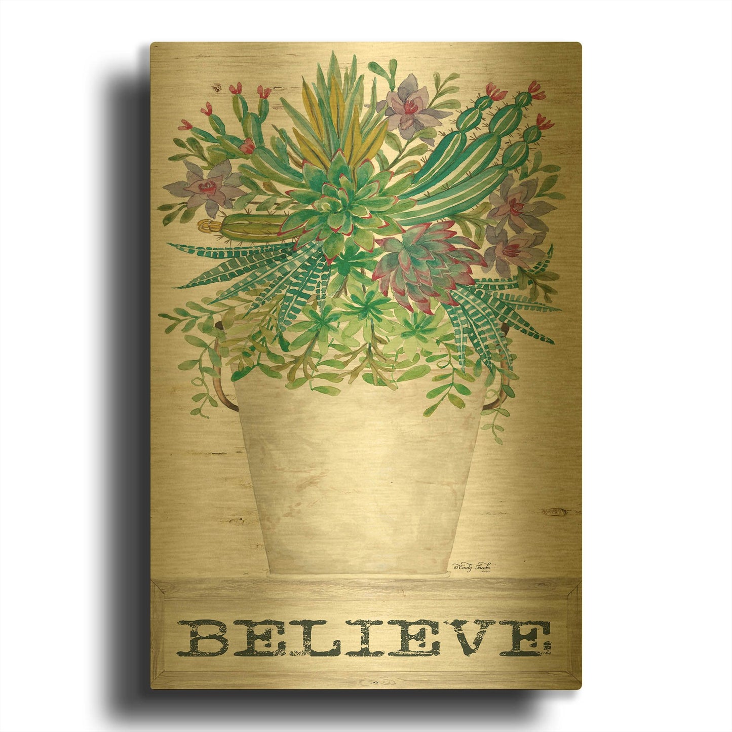 'Believe Succulents' By Cindy Jacobs Gold Metal Wall Art