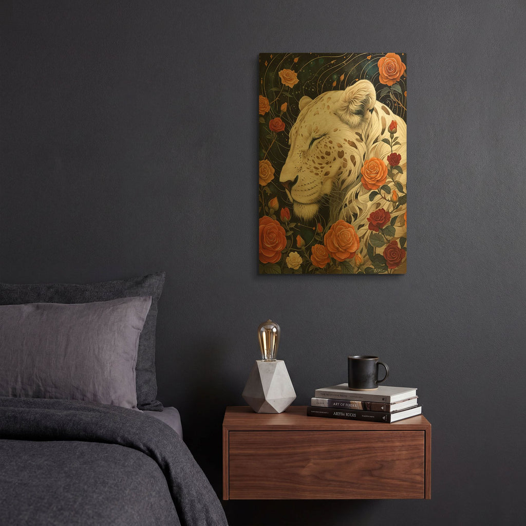 'White Lioness Among The Roses' By Momart Gold Metal Wall Art
