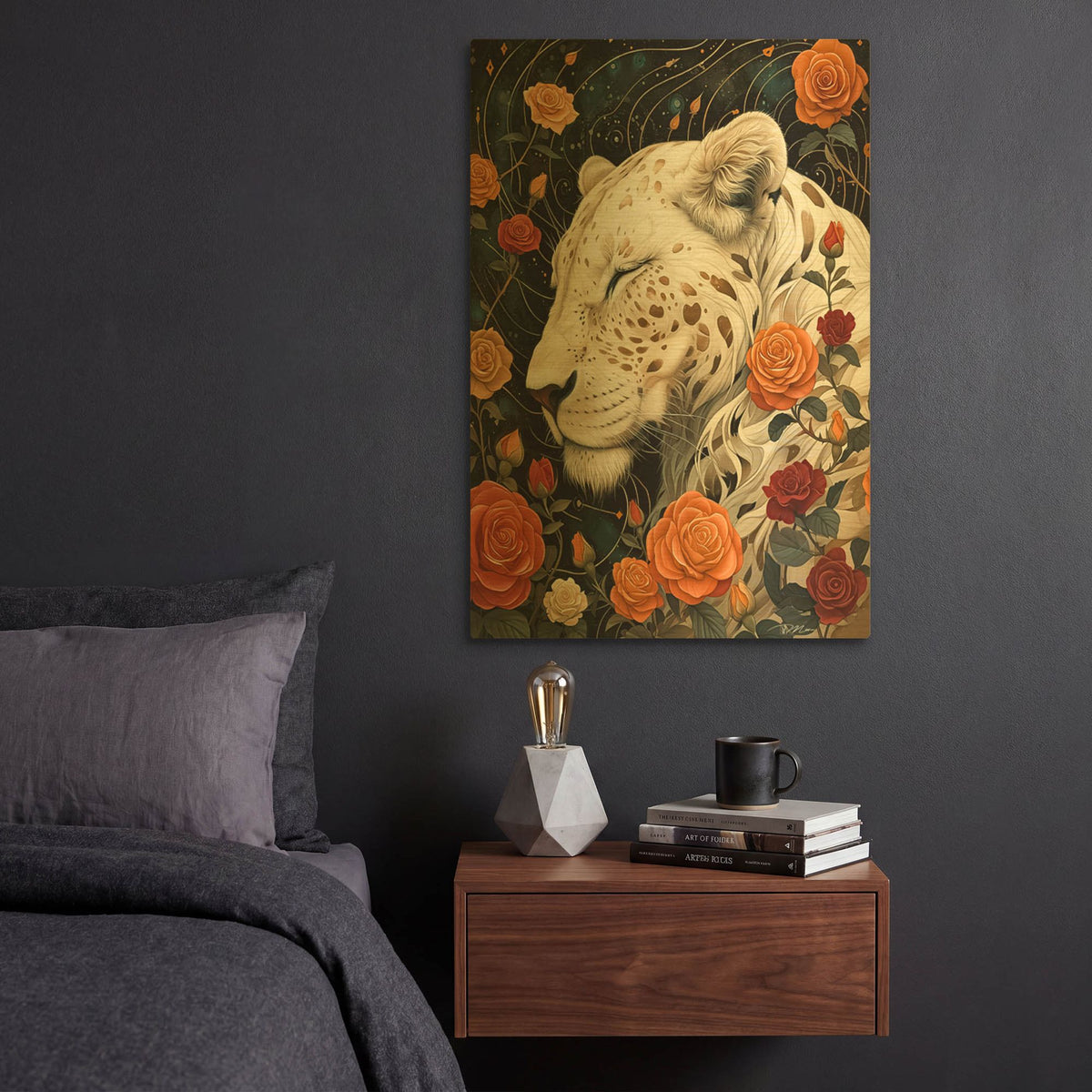 'White Lioness Among The Roses' By Momart Gold Metal Wall Art