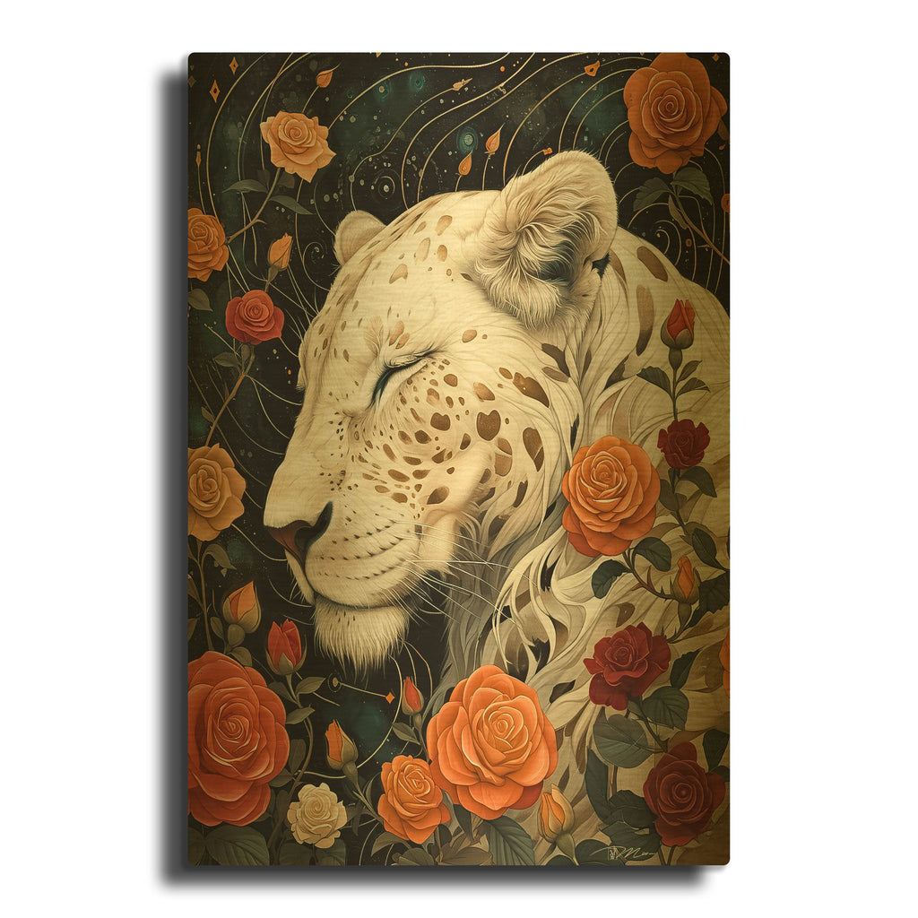 'White Lioness Among The Roses' By Momart Gold Metal Wall Art