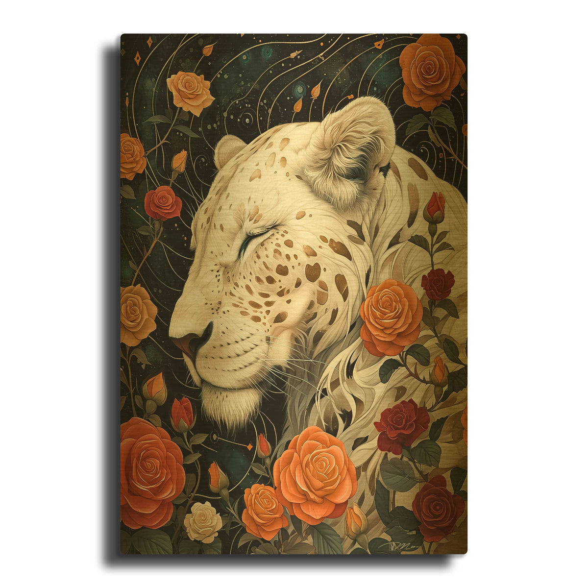 'White Lioness Among The Roses' By Momart Gold Metal Wall Art