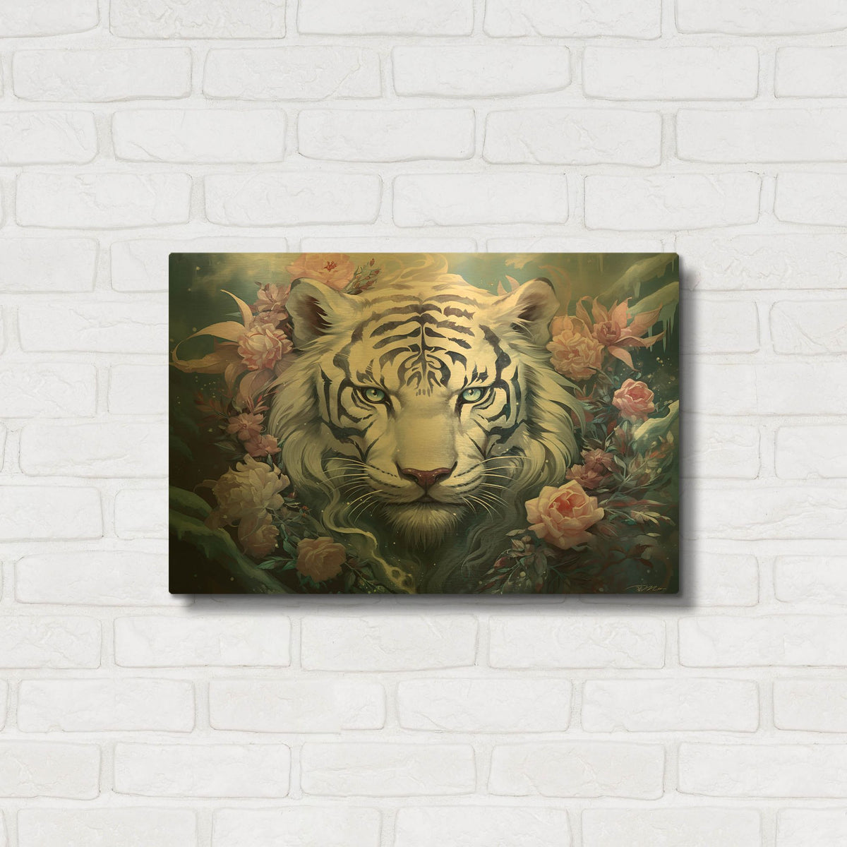 'White Tiger Among The Flowers' By Momart Gold Metal Wall Art
