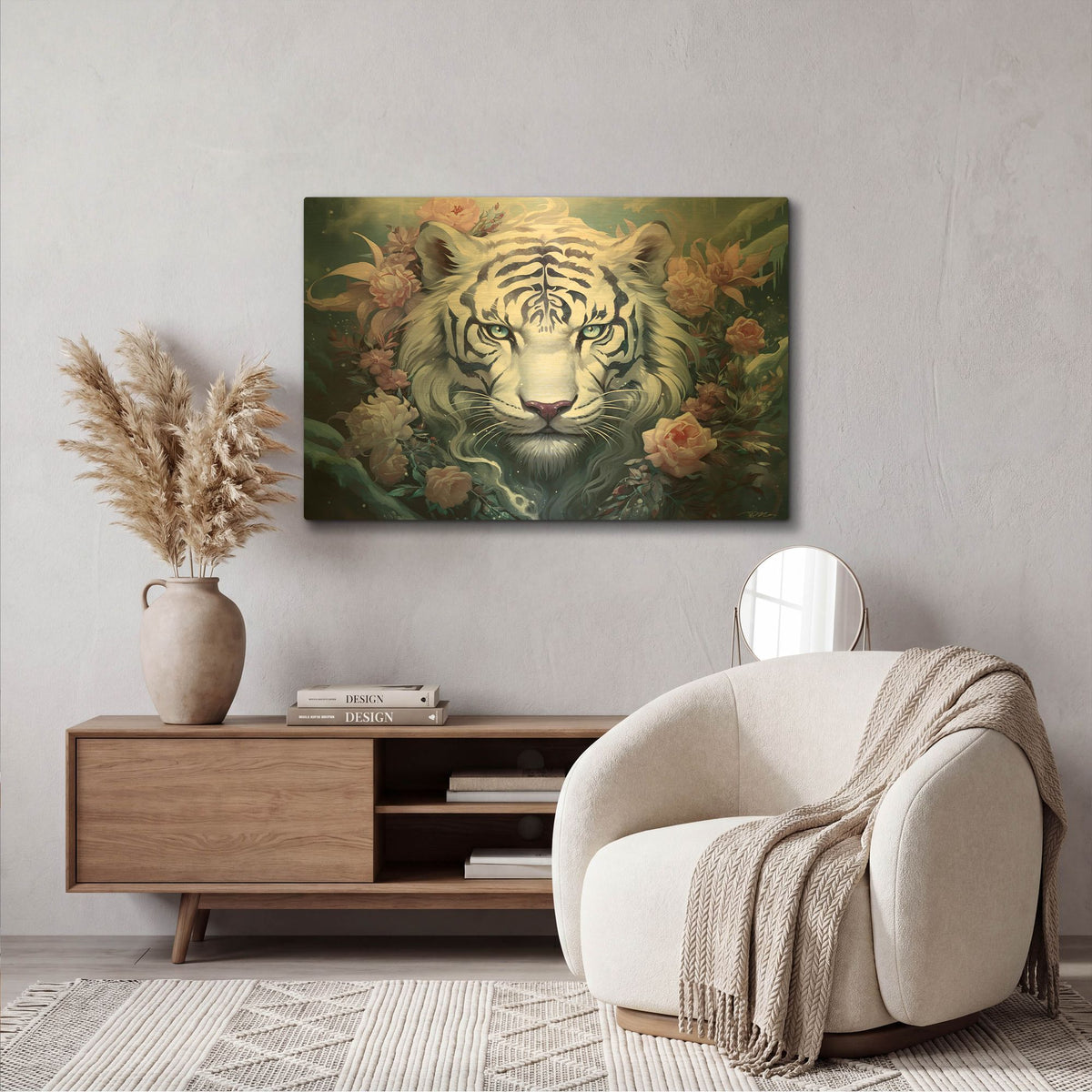 'White Tiger Among The Flowers' By Momart Gold Metal Wall Art