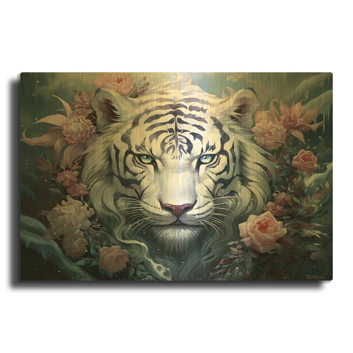 'White Tiger Among The Flowers' By Momart Gold Metal Wall Art