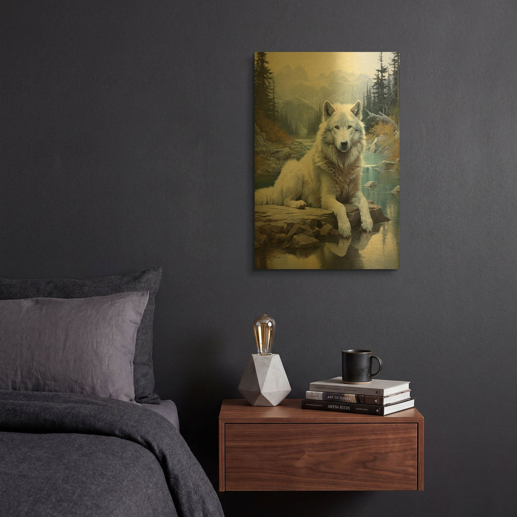 'White Wolf Among The Ice' By Momart Gold Metal Wall Art