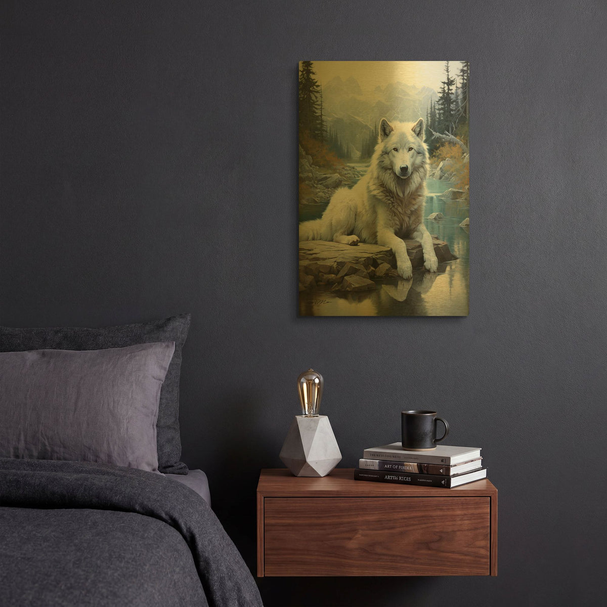 'White Wolf Among The Ice' By Momart Gold Metal Wall Art