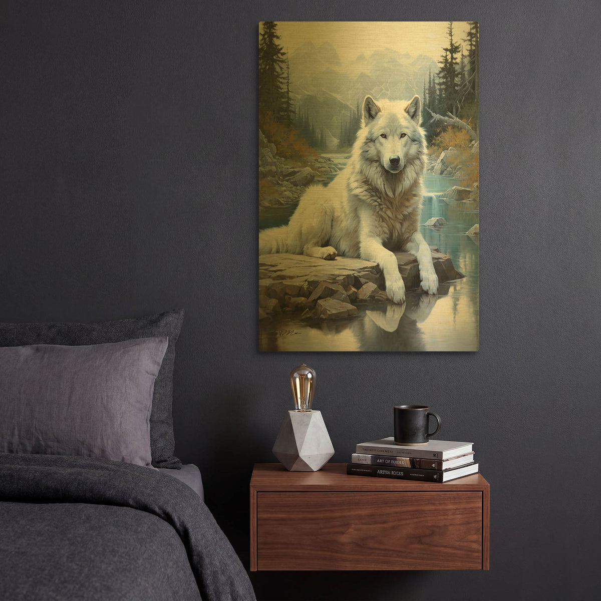 'White Wolf Among The Ice' By Momart Gold Metal Wall Art